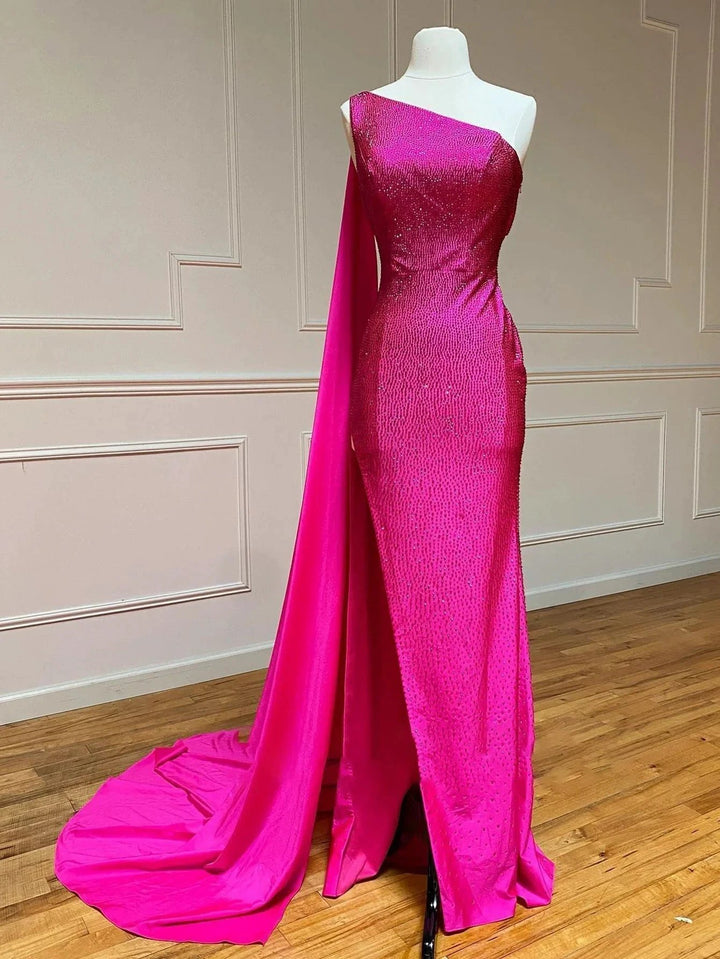 One Shoulder Glitter Mermaid Pink Long Prom Dress by KissProm