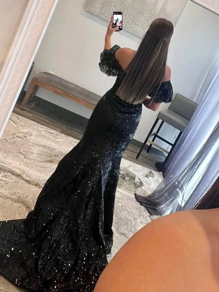 Black Strapless Sequins Long Mermaid Prom Dress by KissProm