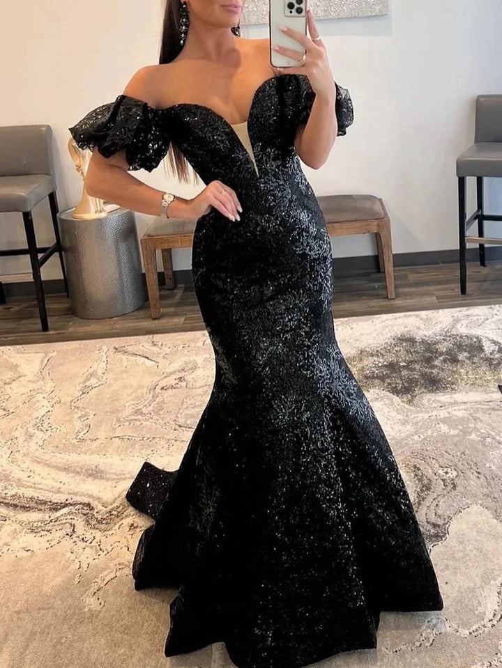 Black Strapless Sequins Long Mermaid Prom Dress by KissProm