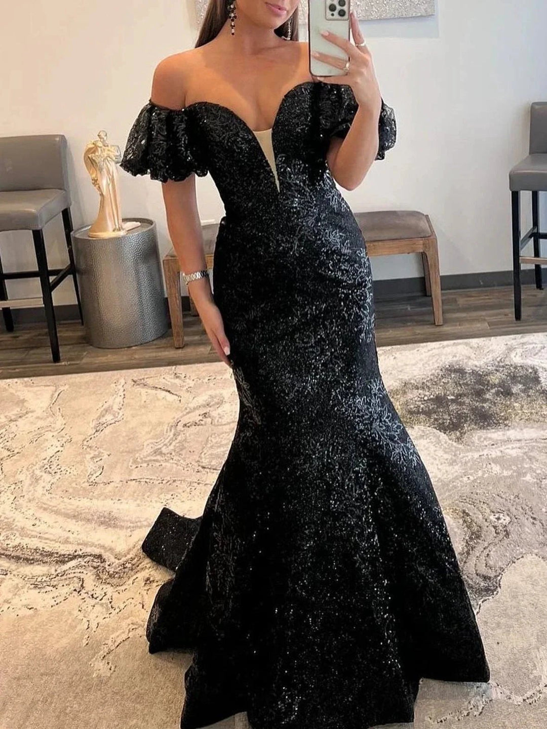 Black Strapless Sequins Long Mermaid Prom Dress by KissProm