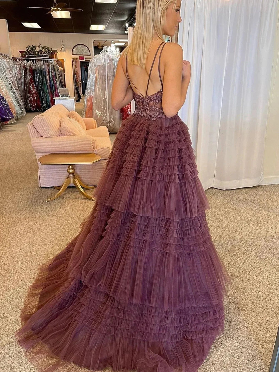 Black V Neck Asymmetrical Tulle Long Prom Dress by KissProm