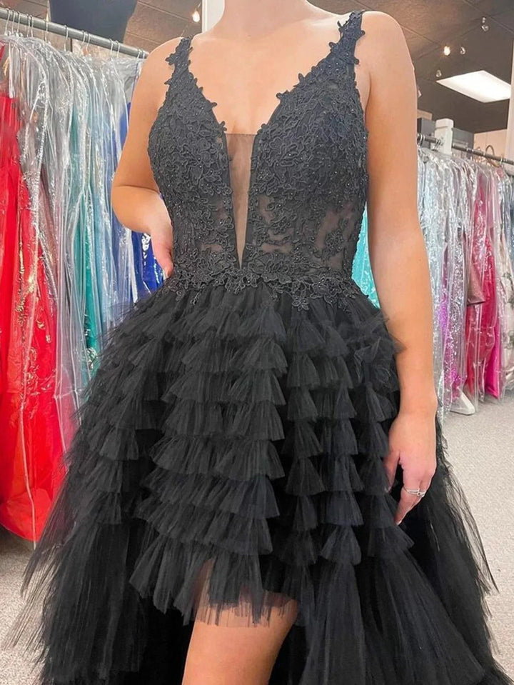 Black V Neck Asymmetrical Tulle Long Prom Dress by KissProm