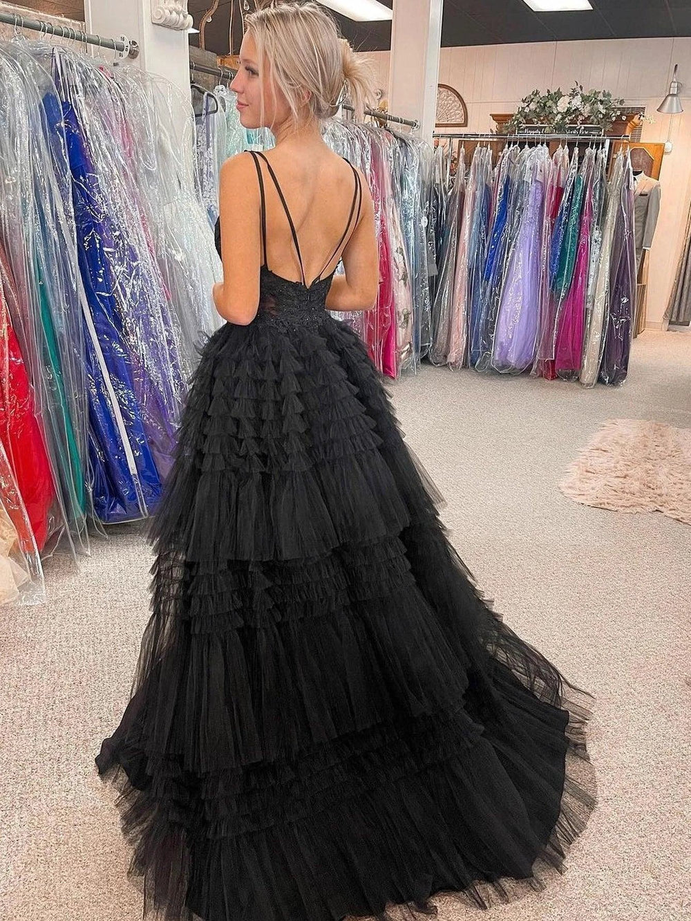 Black V Neck Asymmetrical Tulle Long Prom Dress by KissProm