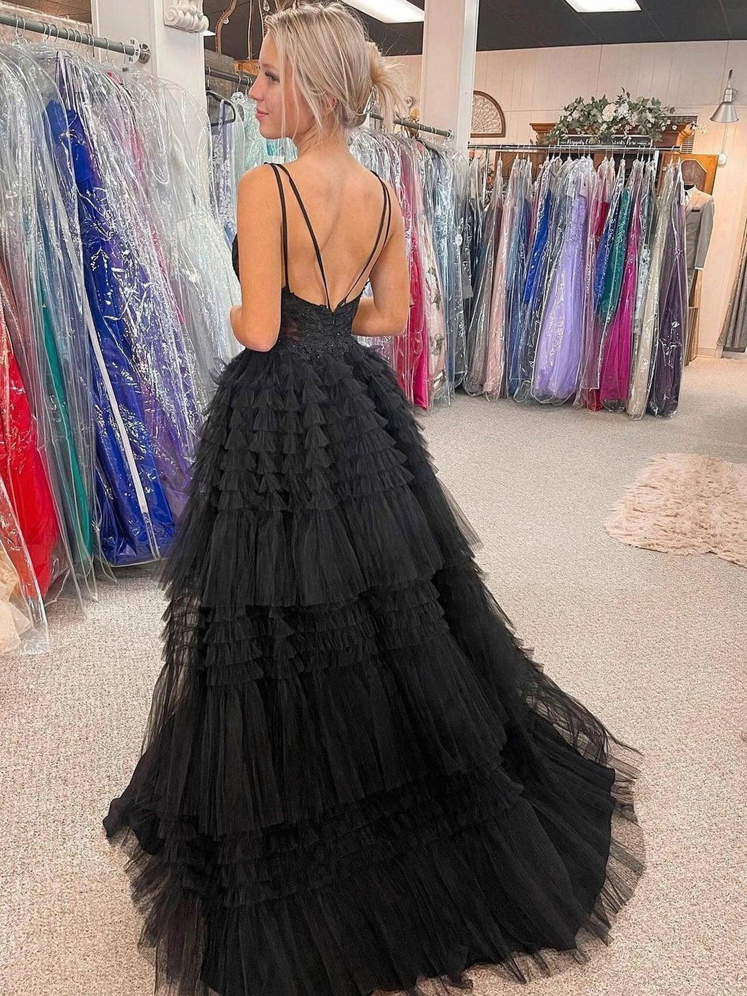 Black V Neck Asymmetrical Tulle Long Prom Dress by KissProm