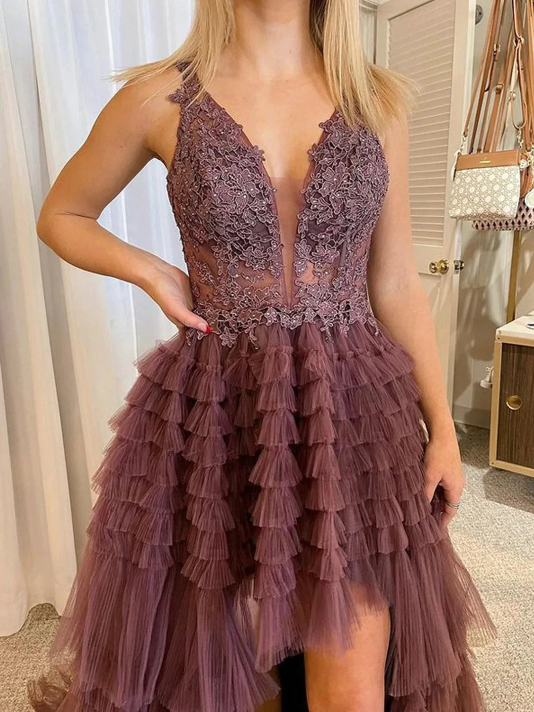 Black V Neck Asymmetrical Tulle Long Prom Dress by KissProm