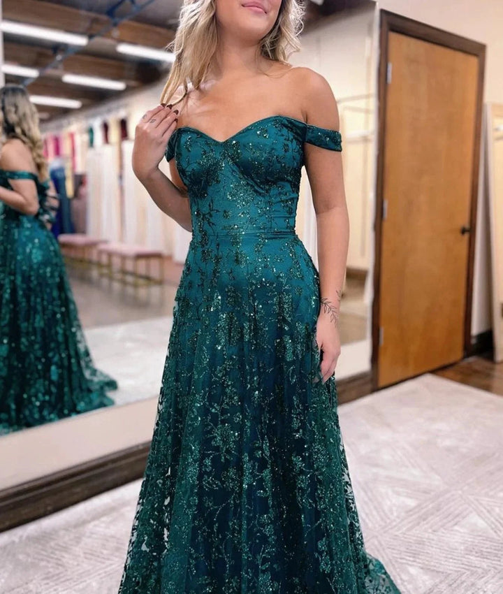 Glitter Mermaid Off The Shoulder Dark Green Long Prom Dress by KissProm
