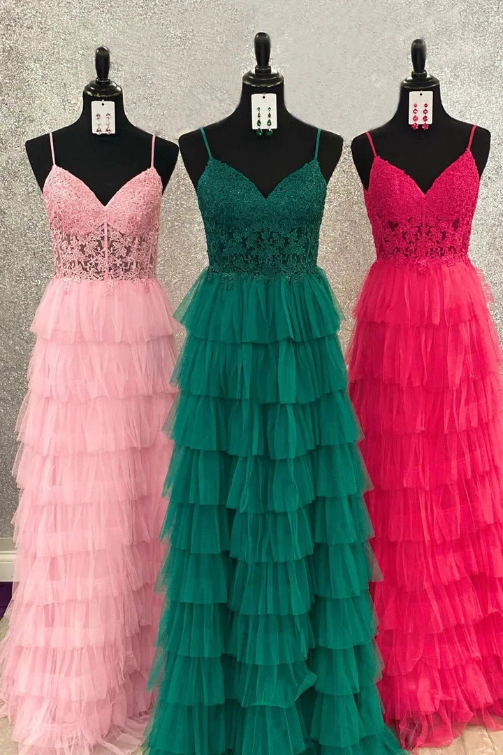 Aubree |Dark Green A-Line Tiered Tulle Long Prom Dress with Lace by KissProm