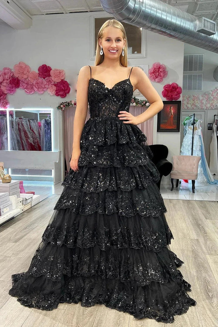 Maryam |A Line Spaghetti Straps Tiered Lace Prom Dress by KissProm
