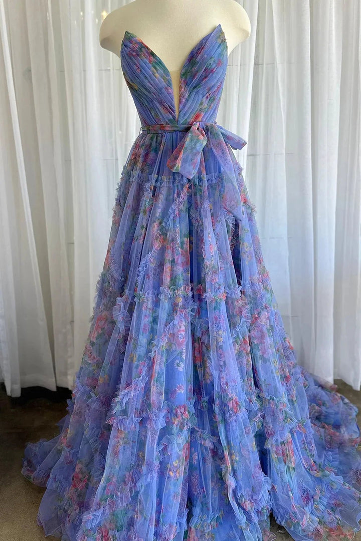 Izabella |A-Line Sweetheart Floral Printed Tulle Prom Dress with Slit by KissProm
