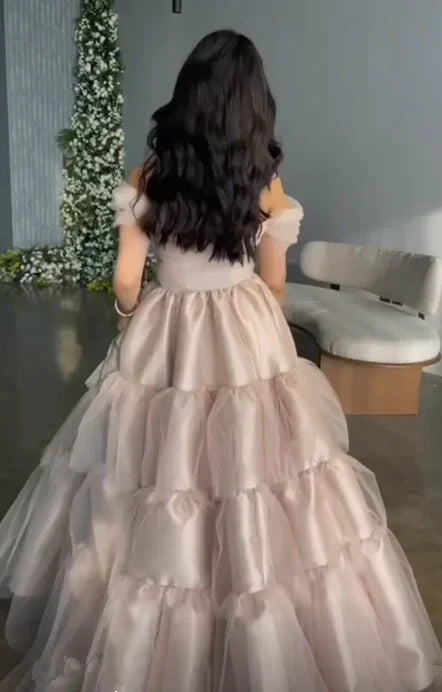 Elegant Tulle Satin Ball Gown Off The Shoulder Layered Prom Dress Y7633 by simplepromdress
