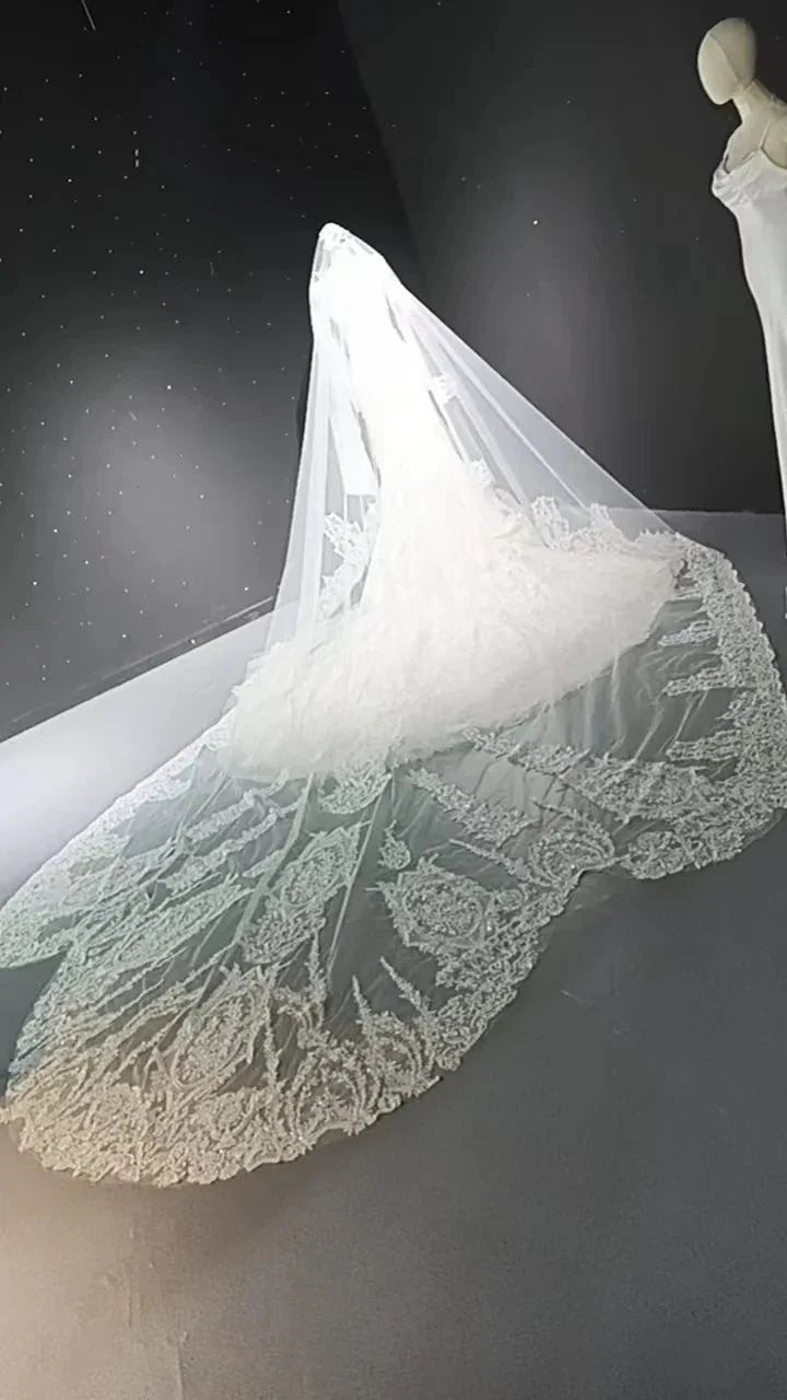 V-neck long sleeved luxurious nail bead trailing bridal veil by ZAPDRESS