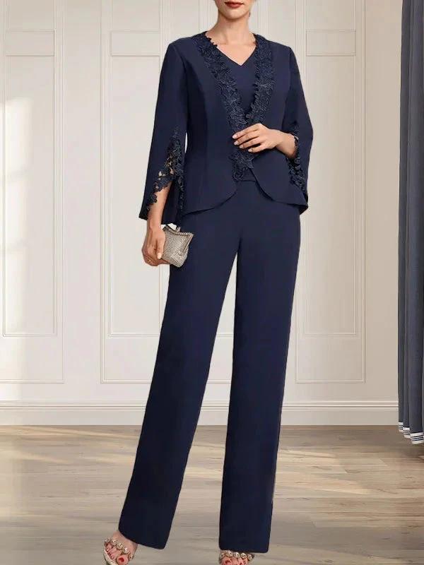 Separates Jumpsuit/Pantsuit V-Neck Floor-Length Chiffon Mother of the Bride Dress by Dreamylily