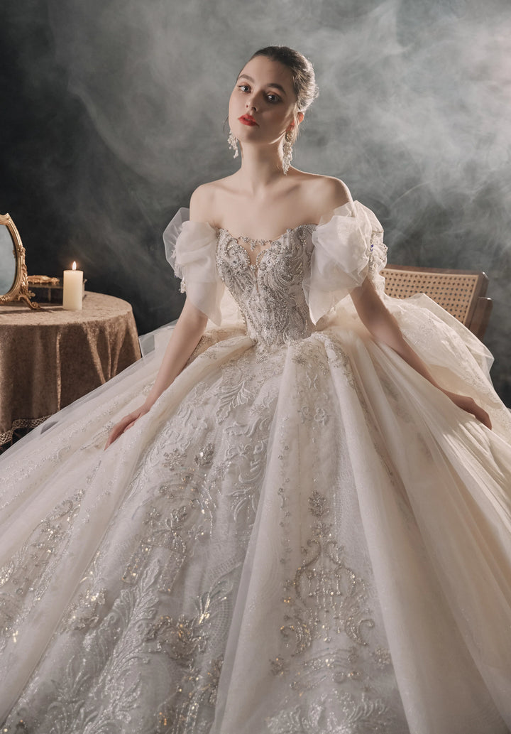 Elegant Off-the-Shoulder Ball Gown Sweetheart Neckline Tulle Puff Sleeve Beaded Lace Wedding Dress with Scalloped Train E-306 by ZAPDRESS