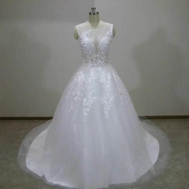 Scoop Lace Applique A Line Wedding Dresses Sleeveless Illusion Tulle Boho Bridal Gown Vestido De Noiva by payinti