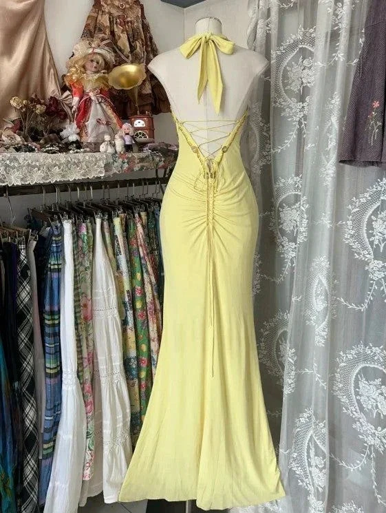Elegant Yellow Mermaid Halter Neck Sequin Diamond Long Prom Dress Backless Slit Evening Dress Y8554 by simplepromdress