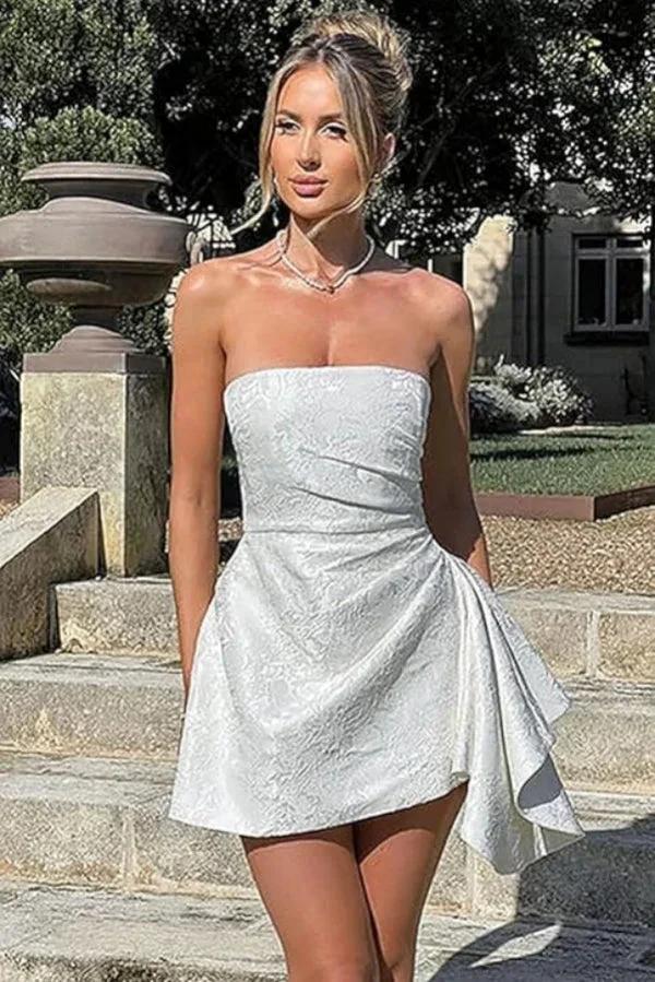 A-line Strapless Sleeveless Short Homecoming Dress Jacquard Satin Asymmetrical Lace up Party Dresses by Biztunnel