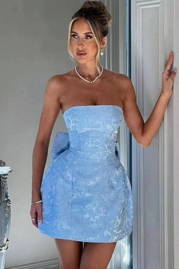 Strapless Short Ball Gown Homecoming Dress Sleeveless Lace up Jacquard Satin Party Dresses with Bow by Biztunnel