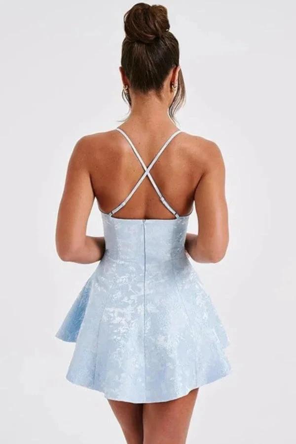 Short A-line Halter Backless Homecoming Dress Satin Ruffle Jacquard Party Dresses by Biztunnel