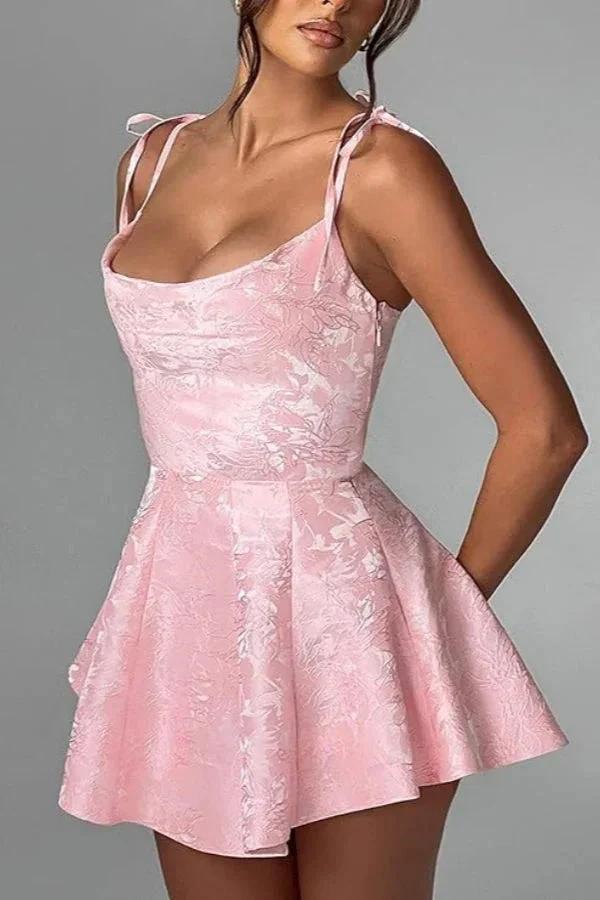 A-line Short Homecoming Dress Spaghetti Straps Satin Sleeveless Party Dress Jacquard Party Dresses by Biztunnel