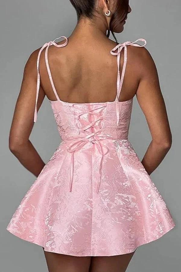 A-line Short Homecoming Dress Spaghetti Straps Satin Sleeveless Party Dress Jacquard Party Dresses by Biztunnel