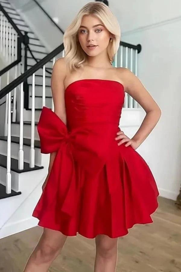 Chic Short Homecoming Dresses A-line Sleeveless Strapless Ruched Lace Up Party Dresses with Bow by Biztunnel