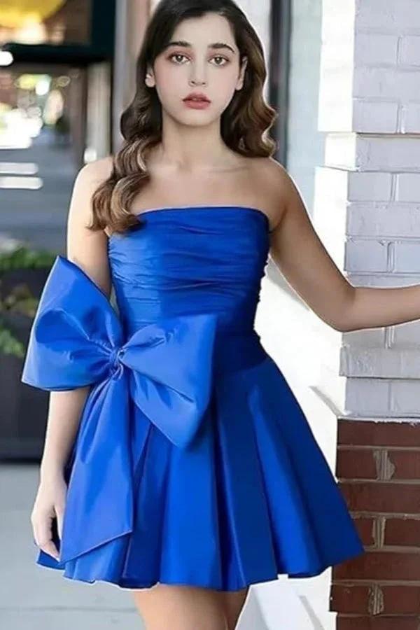 Chic Short Homecoming Dresses A-line Sleeveless Strapless Ruched Lace Up Party Dresses with Bow by Biztunnel