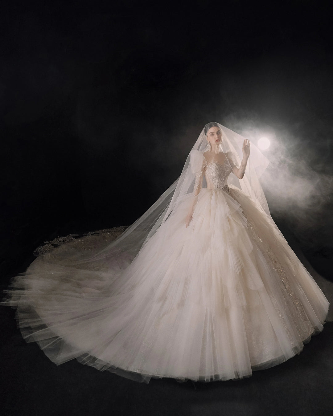 Magnificent Off-the-Shoulder Ball Gown Sweetheart Neckline Tulle Puff Sleeve Beaded Lace Long-Sleeve Wedding Dress with Layered Train E-301 by ZAPDRESS