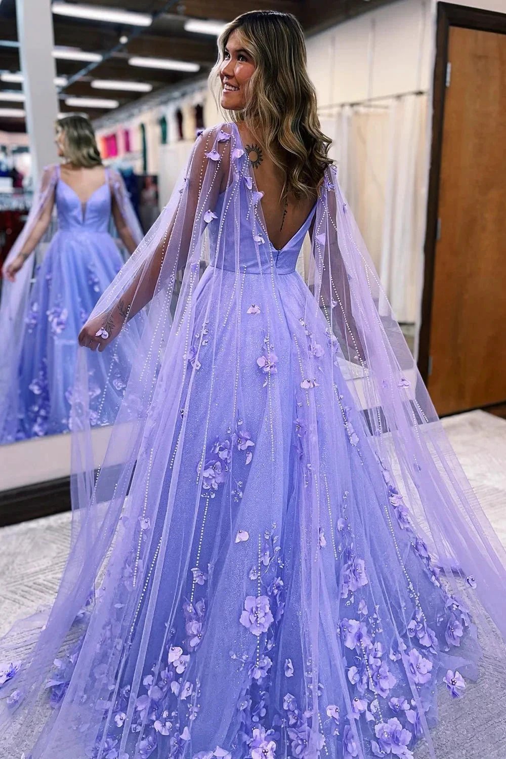 Lavender 3D Floral Lace A-Line Prom Dress with Cape Sleeves by KissProm
