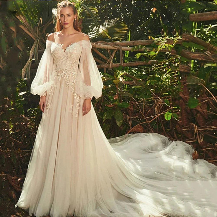 Elegant Sweetheart Neck Puff Long Sleeves Wedding Dress For Women 2023 Backless Tulle Bridal Gown Classic Robe De Mariée by payinti