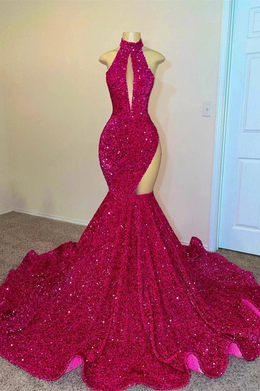 Fuchsia High Neck Halter Mermaid Long Prom Dress With Sequins by BIZTUNNEL