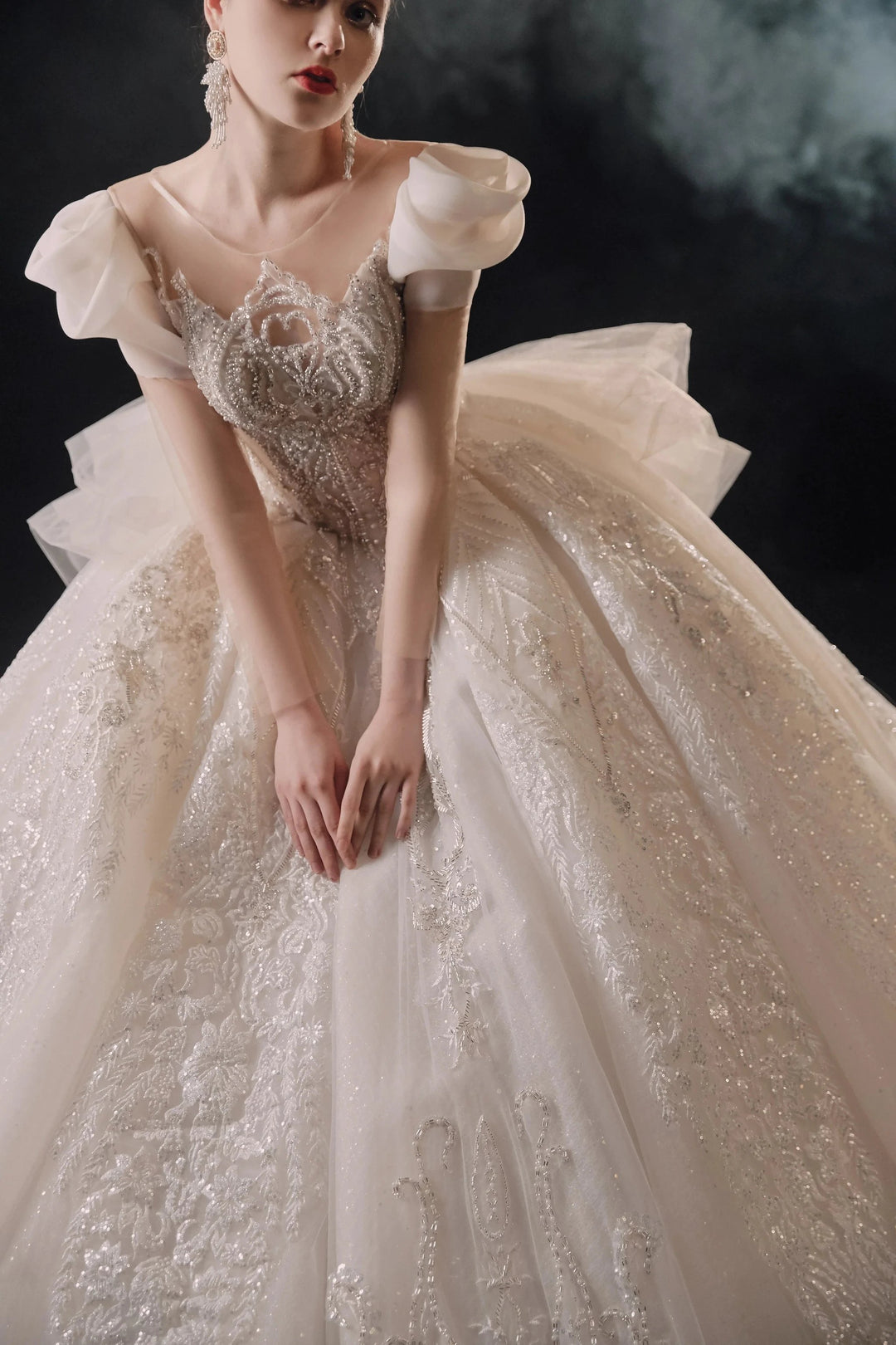 Gorgeous Puff-Sleeve Ball Gown Sweetheart Neckline Beaded Lace Wedding Dress with Ruffled Train E-309 by ZAPDRESS
