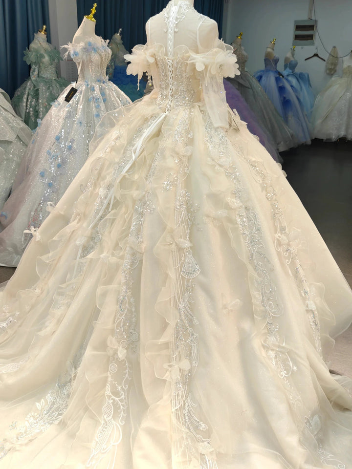Exquisite High-Neck Tulle Ball Gown Wedding Dress with Crystal Embroidery &amp; Ruffled Detachable Sleeves Ye-2022 by ZAPDRESS