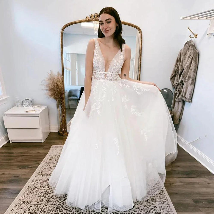 Pastrol Wedding Dresses V-neck Backless Tulle For Women 2023 Bride A-LINE Appliques Vestidos De Novia Made To Order by payinti