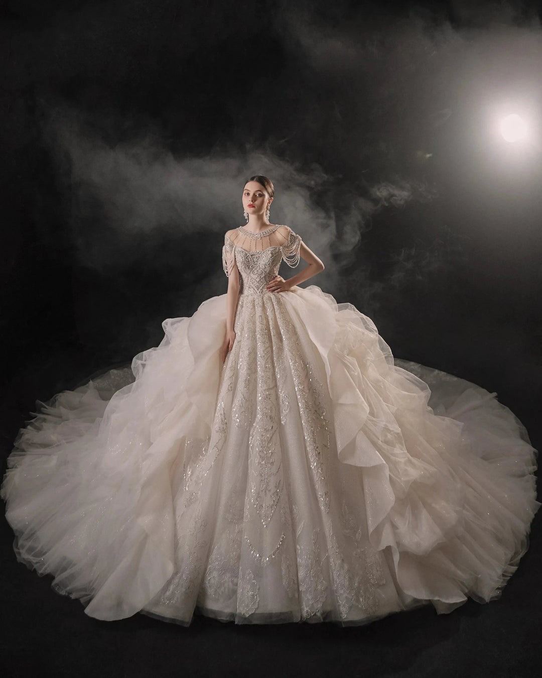 Glamorous Illusion Neckline Ball Gown Beaded Lace Fringe Trim Ruffled Train Wedding Dress E-307 by ZAPDRESS