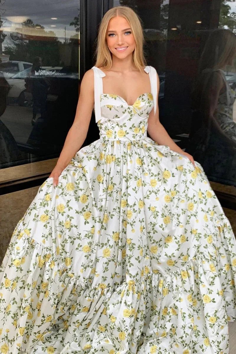 A-Line Sweetheart Floral Printed Satin Long Prom Dresses by Kissprom