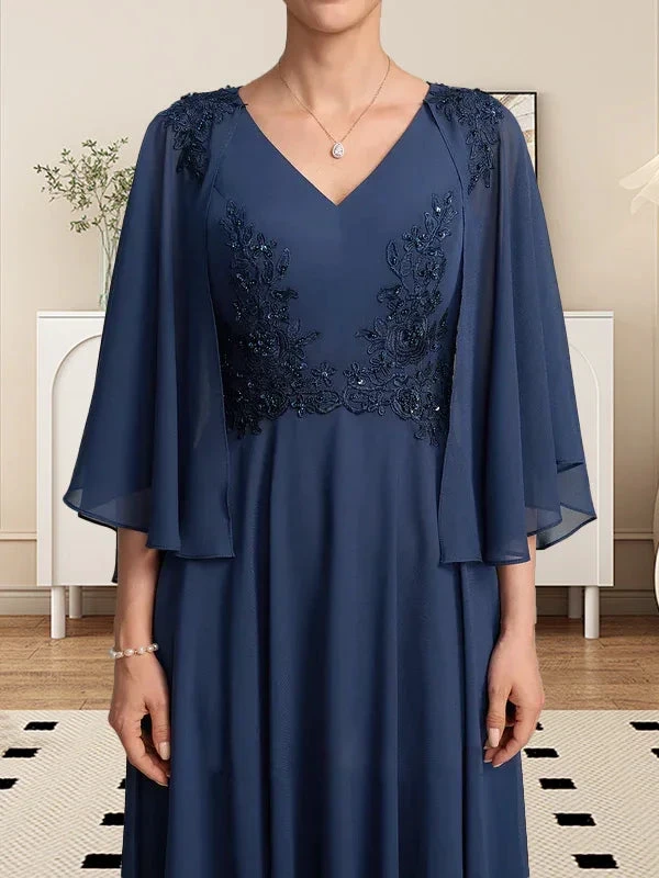 A-line V-Neck Tea-Length Chiffon Lace Mother of the Bride Dress With Beading Sequins by Dreamylily