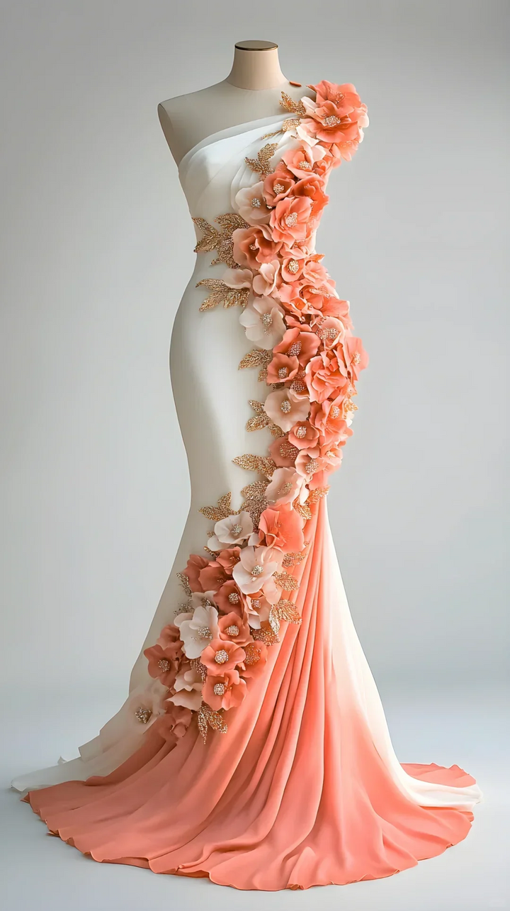 Vestido de Festa Longo Sereia em Chiffon com Aplicações de Peónias Elegantes Y8566