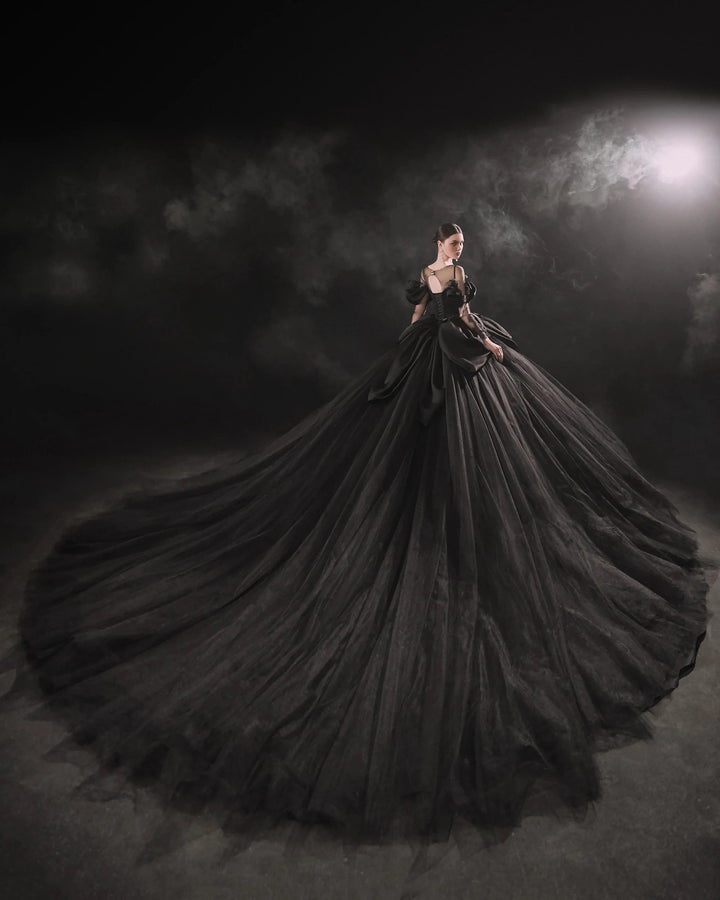 Abito da sposa nero drammatico con gonna a palloncino, scollo a illusione, maniche a sbuffo in raso, pizzo perline e strascico oversize E-305