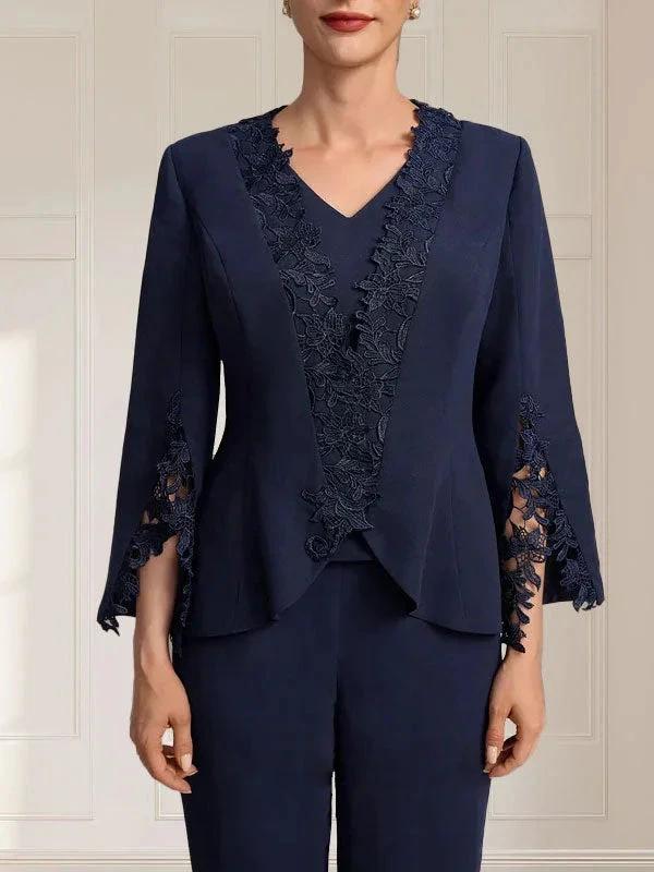 Separates Jumpsuit/Pantsuit V-Neck Floor-Length Chiffon Mother of the Bride Dress by Dreamylily
