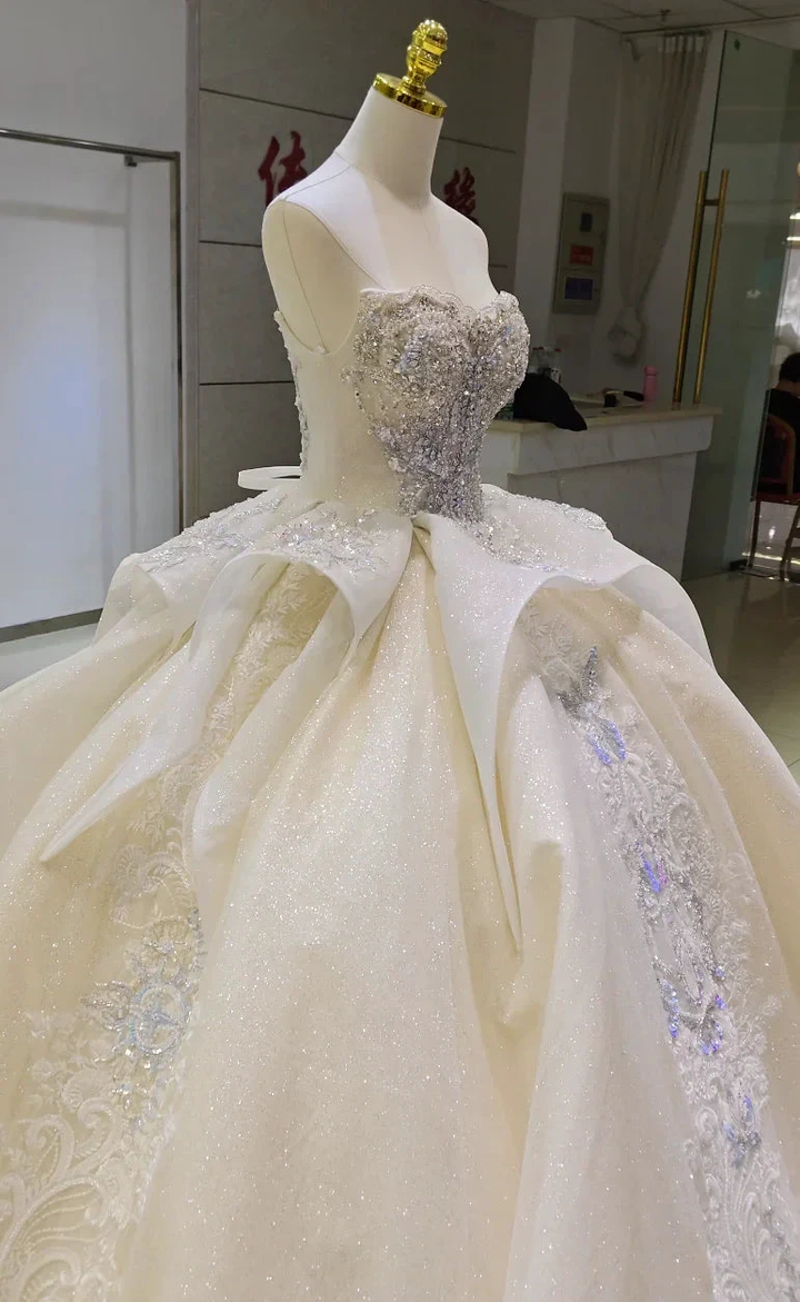 Ivory Glimmer Strapless Ballgown: Iridescent Beaded Bust &amp; Flowing Train by ZAPDRESS