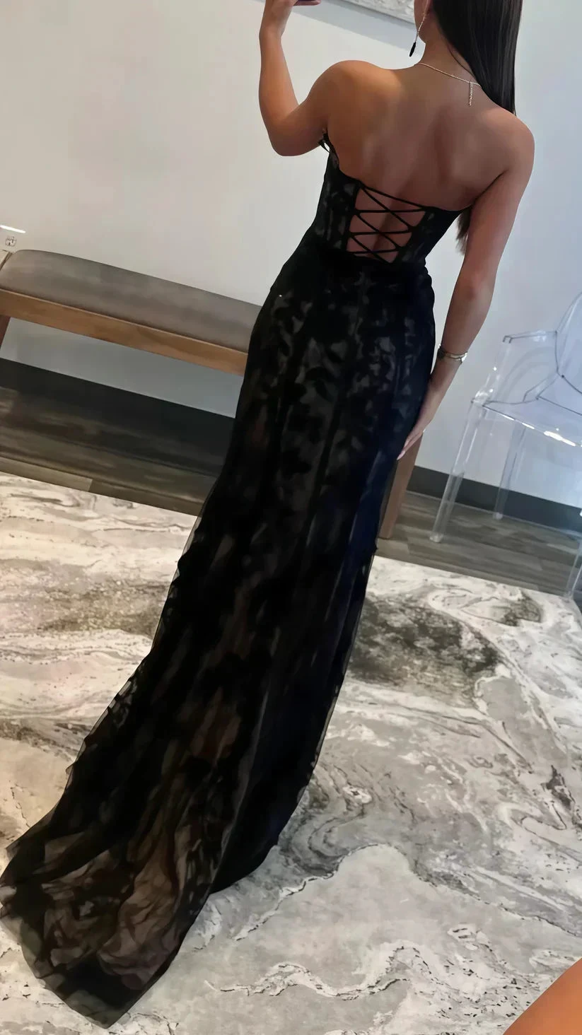 Black Evening Dress Sexy Strapless Sweetheart Lace Slit Mermaid Prom Dress Y8017 by simplepromdress