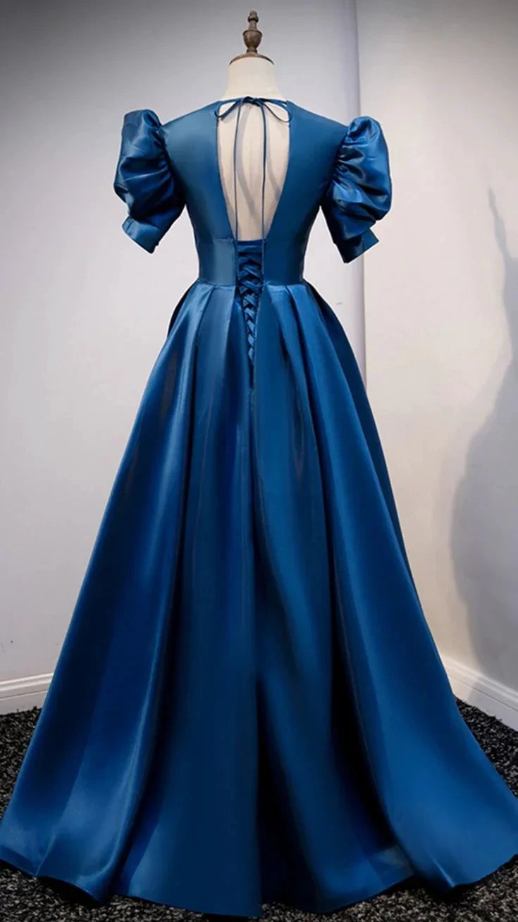 Elegant blue satin evening gown with puff sleeves and lace-up back from ZAPDRESS