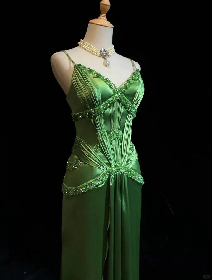 Chic Green Spaghetti Straps Satin Beaded Prom Dress Evening Dress Y8555 by simplepromdress