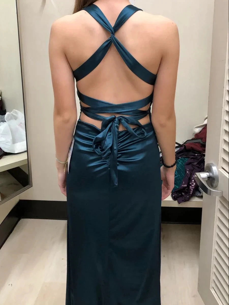 Long Formal Dress Womens Teal Strappy-back Satin Sleeveless Evening Dress Y2928 by simplepromdress
