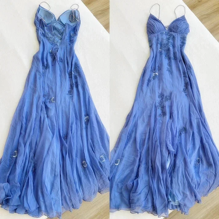 Classy Spaghetti Straps Blue Chiffon Long Prom Dress Party Evening Dress Y7457 by simplepromdress