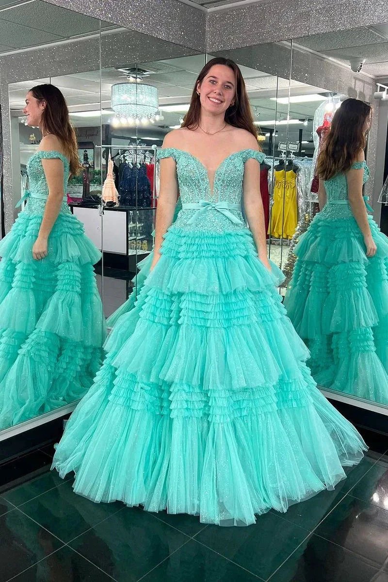 Princess A Line Off the Shoulder Light Pink Long Prom Dress with Ruffles by KissProm