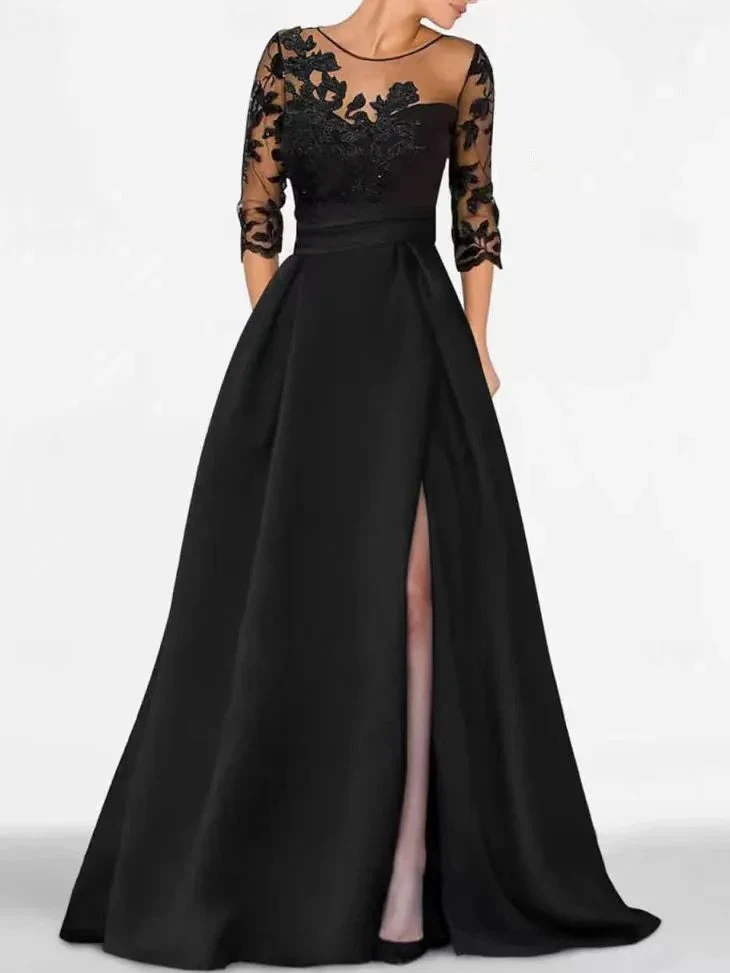 Elegant black satin embroidered formal dress by ZAPDRESS