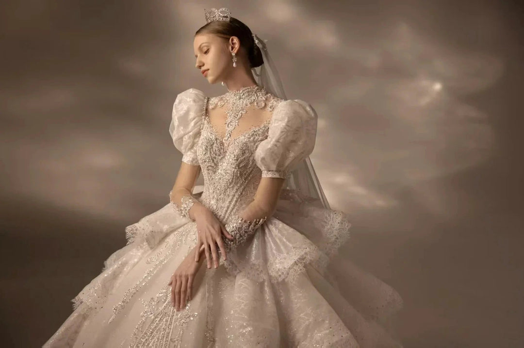 Regal High Neck Puff Sleeve Tulle Wedding Dress with Sequin Embroidery &amp; Layered Ruffle Train Q6020 by ZAPDRESS