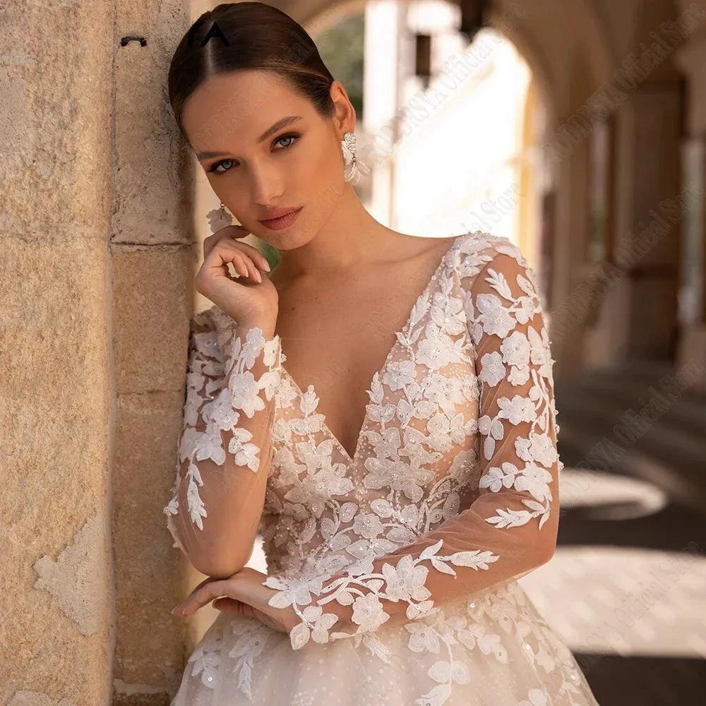 Exquisite Wedding Dresses Long Sleeves Sexy Backless Bride Gowns Applique Princess Tulle A-Line vestidos de novia by payinti