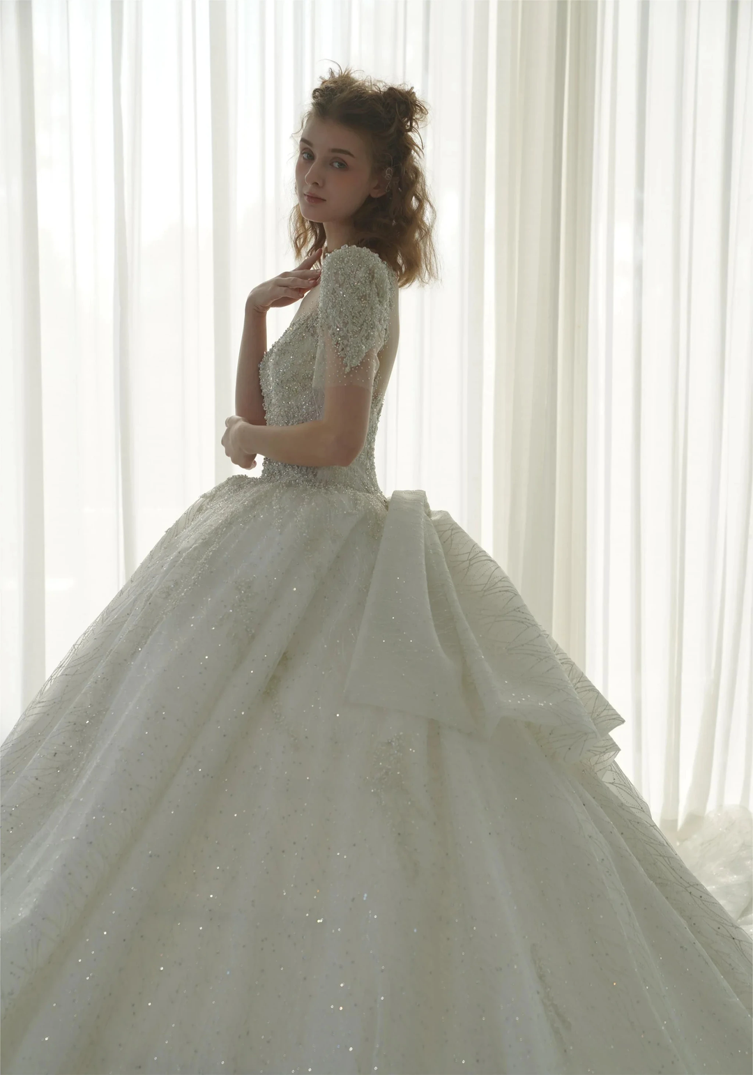 Luminous Ball Gown Illusion Neck Tulle Wedding Dress with Crystal Beaded Embroidery &amp; Bow Back Train Q-6023 by ZAPDRESS